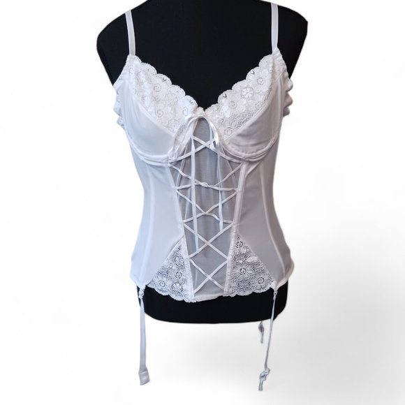 Lace and Mesh Adjustable Lace Up White Corset Garter Lingerie Size L - Picture 2 of 10